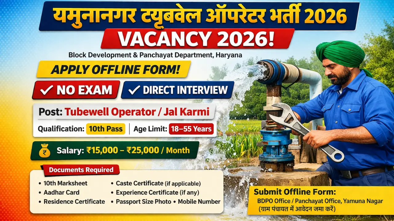 Yamuna Nagar Tubewell Operator Recruitment 2026